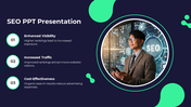 SEO slide with three numbered points, and a circular image of a man in a suit, on futuristic digital background.