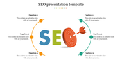 SEO presentation template with arrows and SEO target icon, including caption areas.
