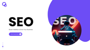 SEO PPT Templates Download with purple theme, SEO laptop image, circle shapes, icons and modern marketing slides