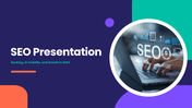 SEO presentation slides covering search engine basics, technical SEO, content strategy, and performance optimization.