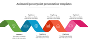 Wavy ribbon infographic in green, blue, red, and pink with icon like lightbulb, people, gear, chart, briefcase, and envelope.