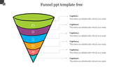 Vertical funnel graphic with six labeled layers in green, purple, blue, orange, red, and teal, each with icons and captions.