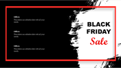 Black Friday sale slide with bold red border, brushstroke background, and three editable offer text sections on the left.