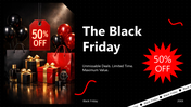Black Friday presentation with 50% off deals, featured products, campaign timeline, shopping trends, and promo slides.