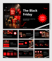 Black Friday presentation with 50% off deals, featured products, campaign timeline, shopping trends, and promo slides.