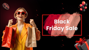 Black Friday PPT Slide with black red theme, shopping woman, gift boxes, balloons, and clean text layout design.