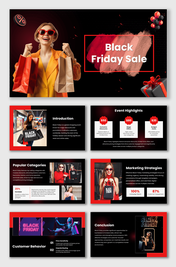 Black Friday PPT Slide with black red theme, shopping woman, gift boxes, balloons, and clean text layout design.