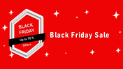 Bold Black Friday sale design featuring a geometric hexagon shape, white text, and a striking red background with sparkles.