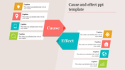 Cause and effect diagram with two large arrows in red and blue, each linked to icons in colored boxes.