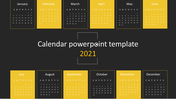 Calendar template with yellow and black blocks showing months, with a central title, on a dark background.