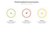 PowerPoint template with three simple clock icons in green, orange, and yellow, each with captions.