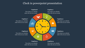 Clock diagram with eight colorful segments, each with an icon and caption around a central yellow clock face.