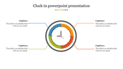 Colorful clock themed slide with sections for each step, featuring in blue, green, orange, and red.