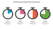 Clock PowerPoint slide featuring four stopwatch icons with different colored segments, illustrating time progression.