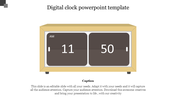 Digital clock graphic with wooden frame showing 11:50 AM, centered above a placeholder text areas on a white background.