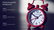Minimalist template featuring a bright red vintage Carlton alarm clock against a dark navy background with caption areas. 