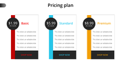 Pricing plan slide showcasing three options basic, standard, and premium with monthly rates and text sections.