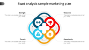A colorful SWOT analysis marketing plan slide featuring icons with captions.