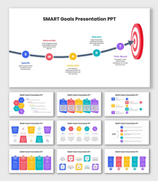 The SMART Goals presentation slide showing colorful milestone path, target board, and strategic planning flow.