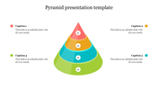 Four colorful layered 3D pyramid presentation slide with numbered sections and captions on each side on a white backdrop.