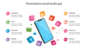  Mobile-centric design showcasing various social media icons floating around a phone, with text sections on either side.