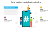 Social media slide showing three people with phones around a large hashtag on a smartphone, with caption icons on both sides.