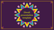 Diwali presentation template with a colorful mandala design on a purple backdrop.