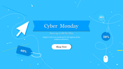 Cyber Monday PowerPoint template with a vibrant blue background, featuring discount tags and a Shop Now button.