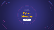 Cyber Monday graphic with yellow text in a glowing circle on a dark blue background, decorated with neon geometric shapes.