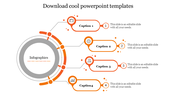 Infographic with central gray circle and four connected caption blocks in orange, each numbered with icons and caption areas.