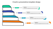 Creative slide featuring four stacked sections in orange, blue, purple, and green, with captions for years from 2018 to 2021.