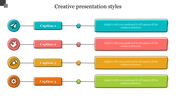 Creative infographic with four rows of colored icons and matching caption boxes connected by dots and lines.