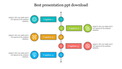 Vertical layout with numbered caption boxes and icons in teal, green, orange, red, and blue, each with text.