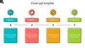 Creative infographic with circular icons above colored caption boxes in blue, red, yellow, and green, each with text below.