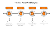 Horizontal timeline template featuring icons inside orange circular elements, with milestones and descriptions below.