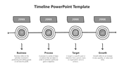 Linear timeline design featuring four connected points, each labeled with 20XX and captions areas below icons.
