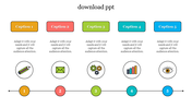 Colorful infographic PPT slide with five captions, icons, and a step by step process with placeholder text.