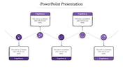 Purple themed slide with five caption boxes linked by dashed lines and various icons arranged above each section.