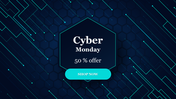 Futuristic Cyber Monday sales banner PPT slide with neon blue hexagonal background, discount offer, and Shop Now button.