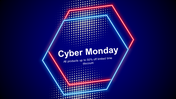 Cyber Monday sale PowerPoint template with a glowing hexagonal neon frame and dotted gradient background.