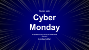 Cyber Monday sale banner with bold white text on a dark blue background and radial speed lines creating a dynamic effect.