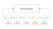 Minimalist great PowerPoint slide featuring five connected colorful circular icons with captions on a white backdrop.