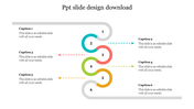 Vertical timeline with six numbered steps in colored circles, connected by arrows to alternating side caption areas.