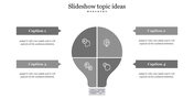 Lightbulb ideas divided into four segments with white icons, each linked to gray arrow-shaped caption boxes on both sides.
