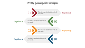 Pretty modern PowerPoint slide with a four step process, featuring numbered arrows and captions in distinct colors.