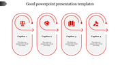 Red and white infographic featuring four capsule shaped blocks with arrows, icons, and caption areas in a row.