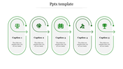 Green themed infographic with five vertical rounded panels, icons, arrows, and caption placeholders labeled 1 to 5 in a row.