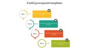Colorful step by step useful process flow PowerPoint template with four stages and text boxes on a white backdrop.