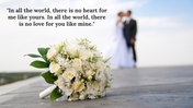 Wedding bouquet with white roses in the foreground, blurred couple in the background with a romantic quote.