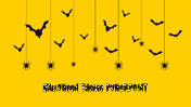 Decorative Halloweenslide featuring black bats and dangling spiders on a bright yellow backdrop with themed title text.